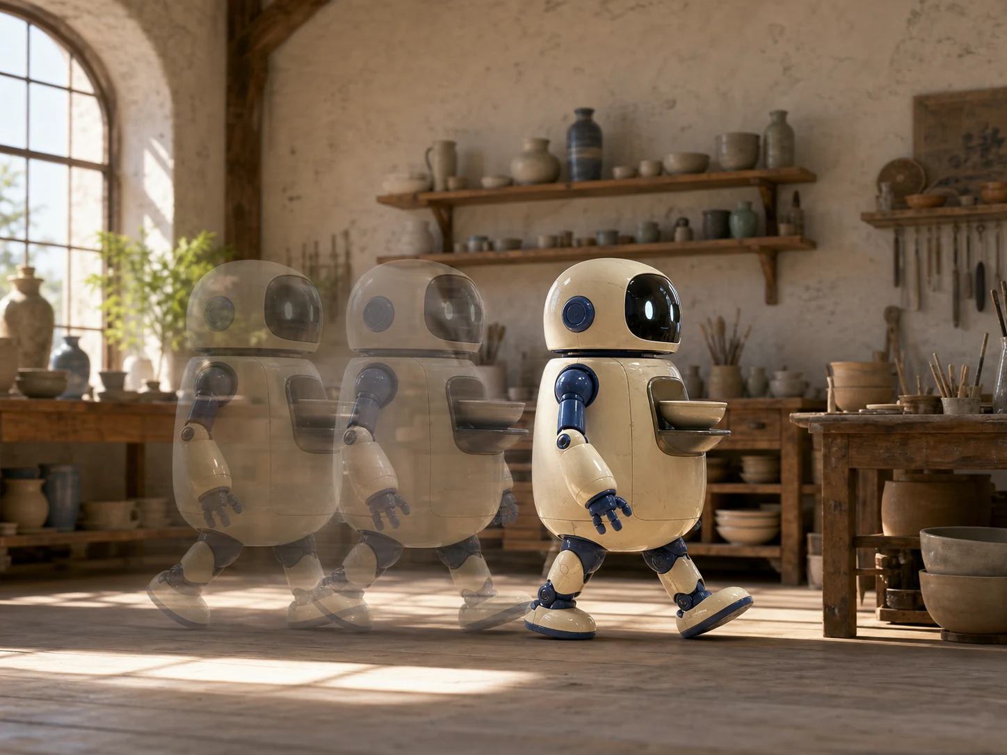 One fictional ceramic robot walking across a workshop during a single slow tracking shot