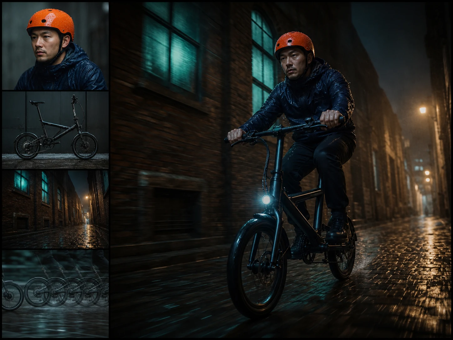 Fictional courier, electric bicycle, rainy alley, and tracking-shot references combined into one scene plan