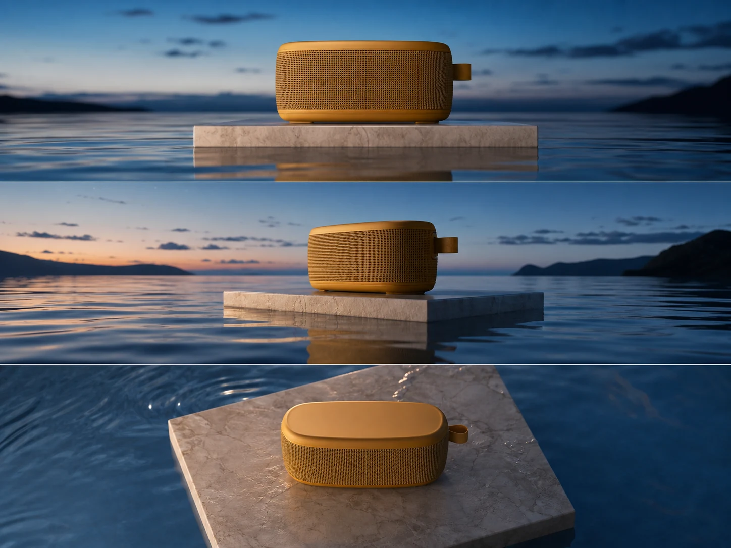 Three storyboard directions for a fictional portable speaker commercial using the same product and set