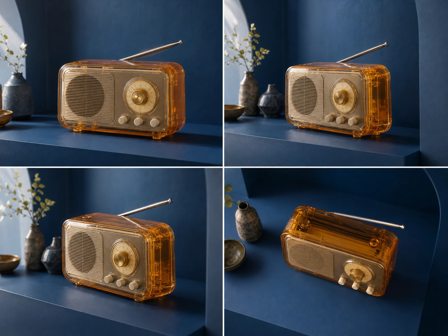 Four coordinated storyboard frames testing one camera direction for the same fictional product scene