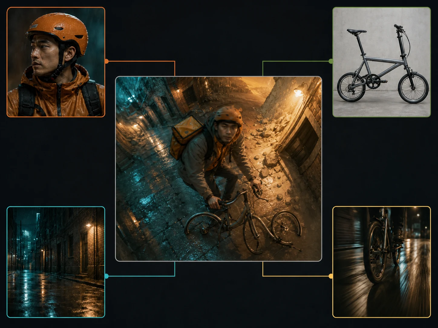 The same reference layout producing a scene with conflicting subjects, palettes, and movement cues