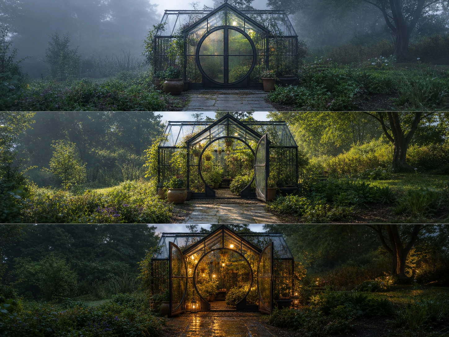 Three-stage storyboard showing a fictional greenhouse changing from closed morning frame to open evening frame