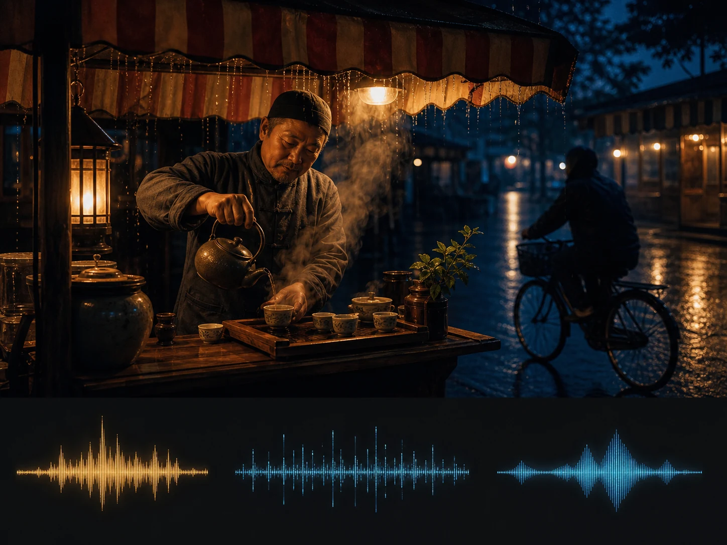 Fictional night market video frame paired with dialogue, ambience, and movement waveform cues