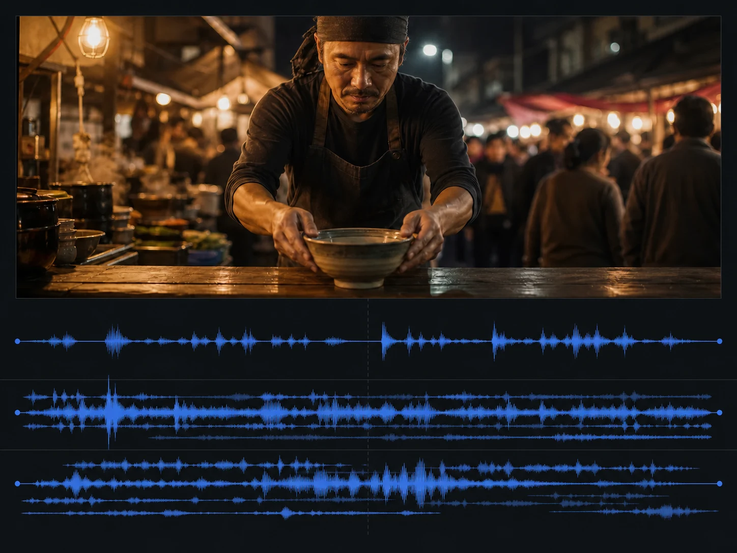 The same night market shot with a crowded audio plan, overlapping cues, and visibly mismatched timing