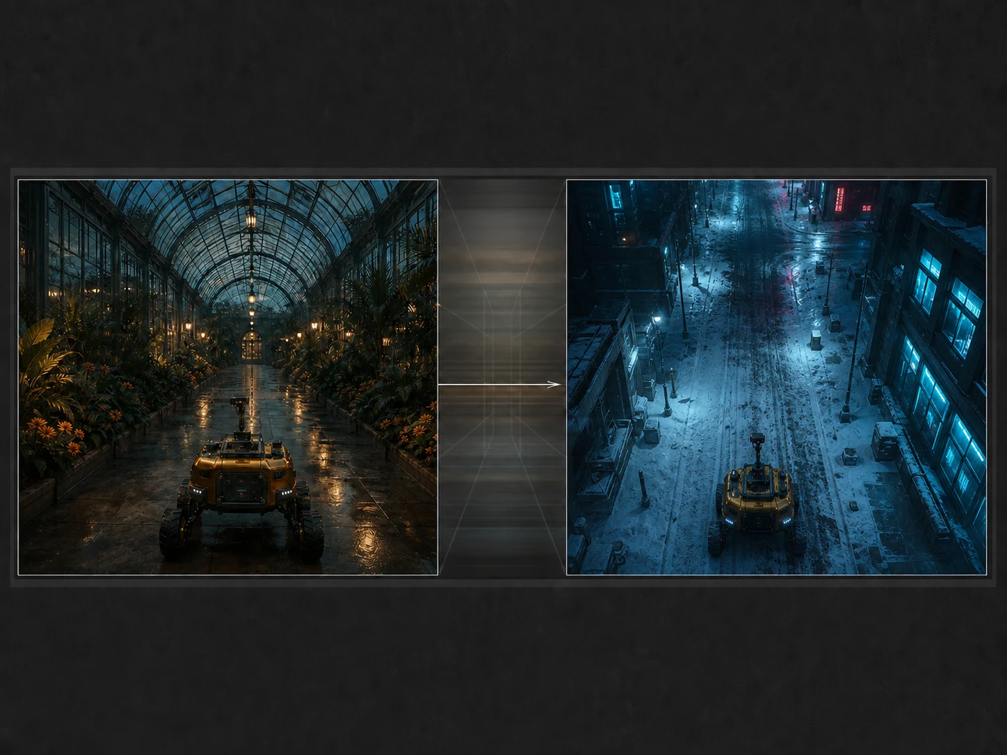 The same frame pair made incompatible by a changed subject, camera angle, lighting, and location