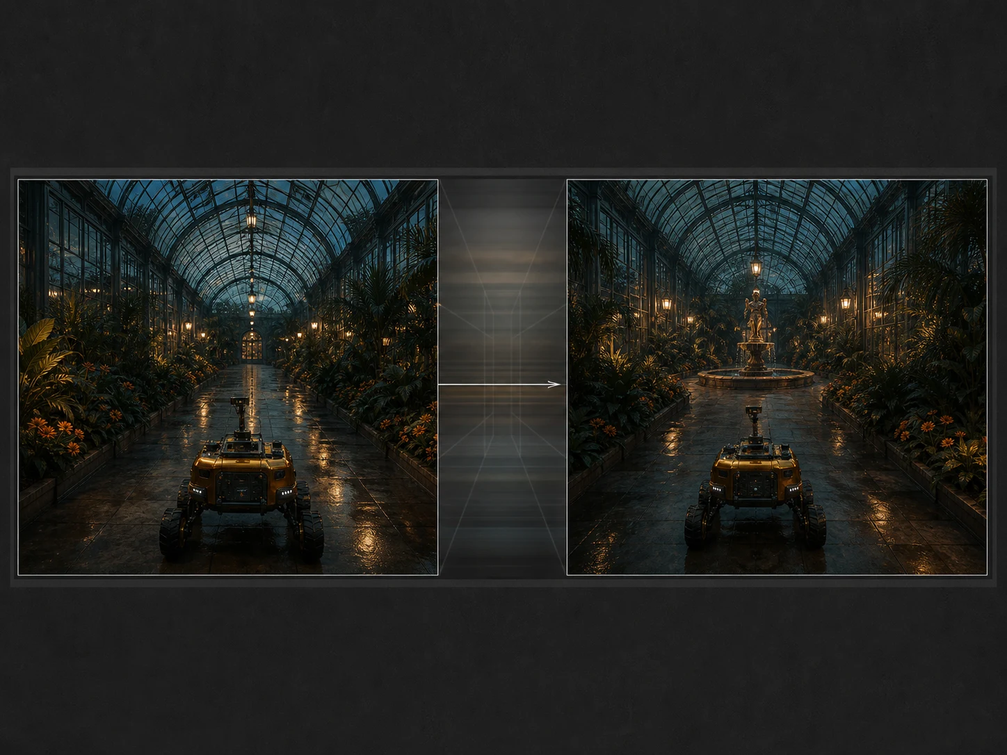 Compatible opening and closing frames linked by a clear dolly move through a greenhouse aisle