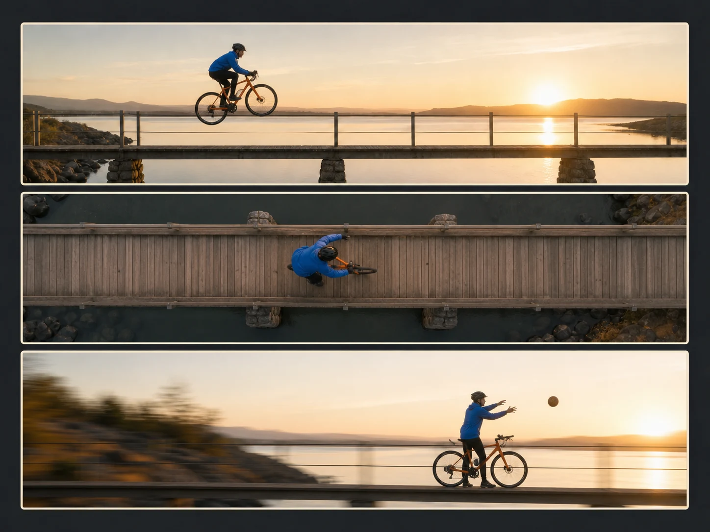 The same cyclist storyboard disrupted by unrelated actions, camera directions, and scene changes