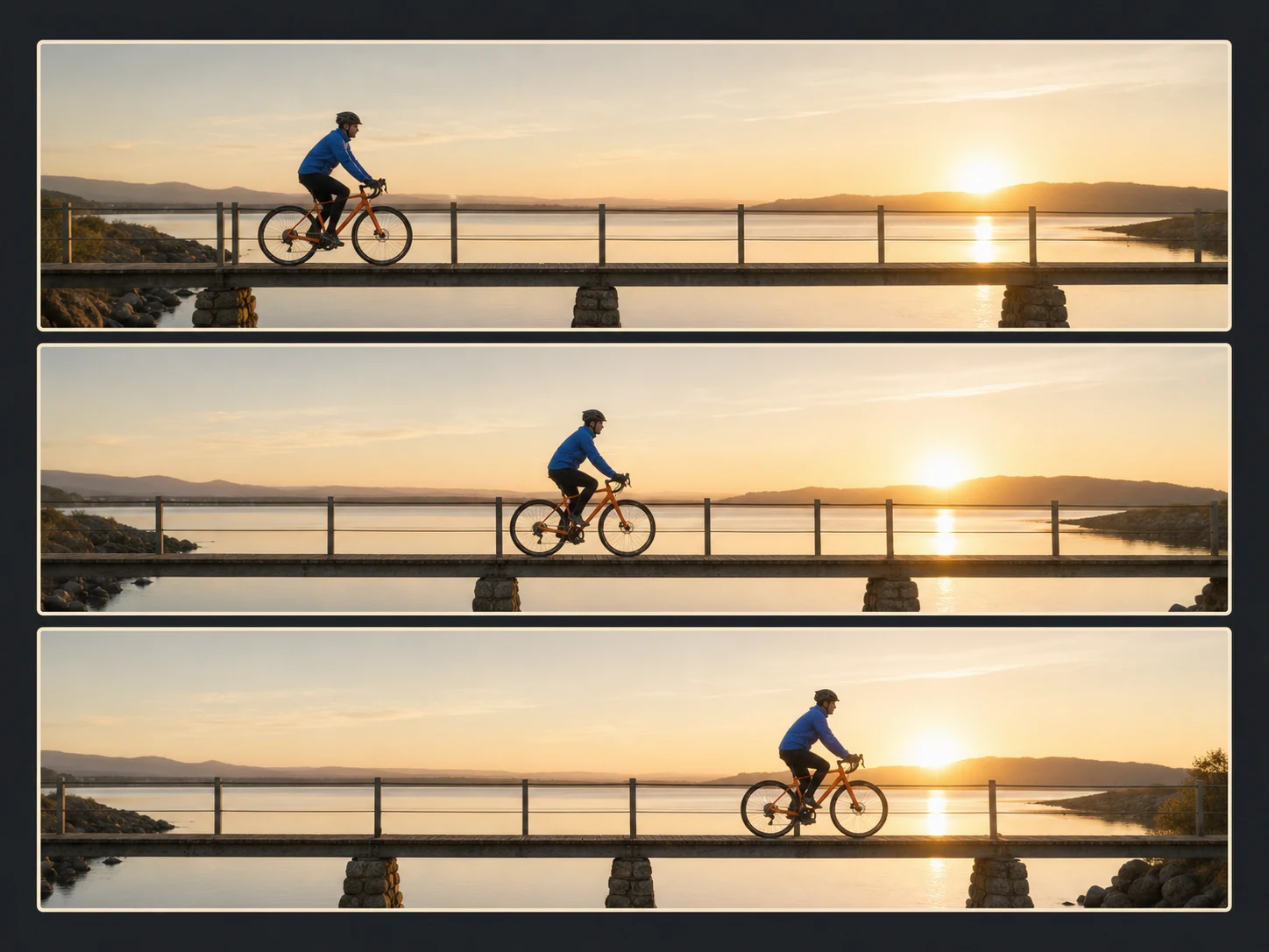 Clear one-action storyboard of a cyclist crossing a bridge during one smooth tracking shot