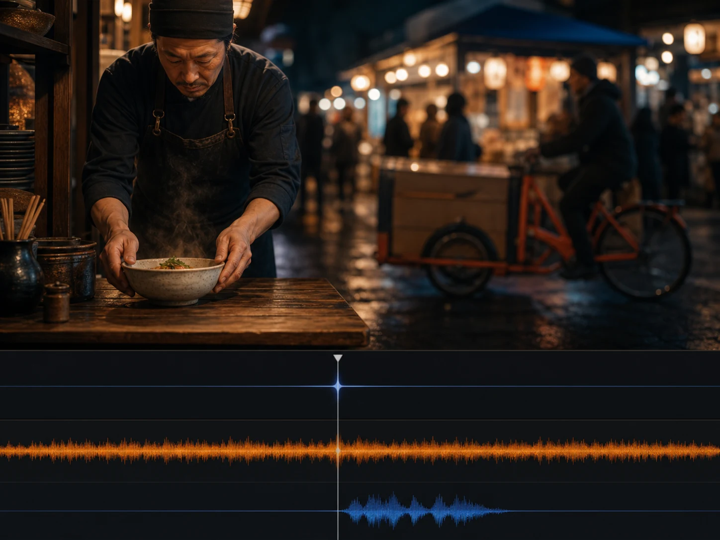 Night market video frame paired with an audio timeline for bowl contact, crowd ambience, and a short spoken line