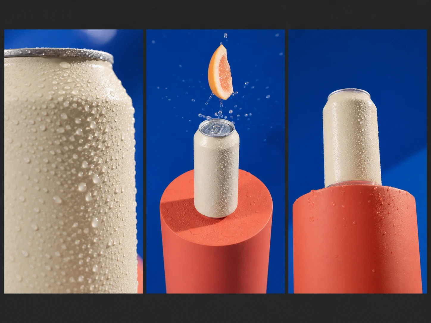 Three vertical short-video hook concepts using the same fictional beverage product and different opening camera moves