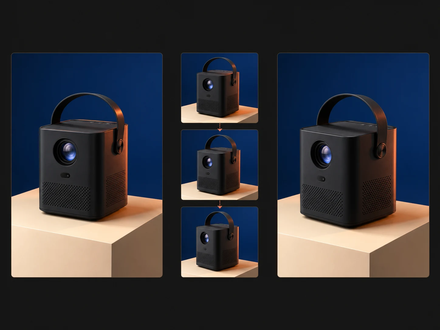 Fictional portable projector still and matching video frame with a controlled camera orbit