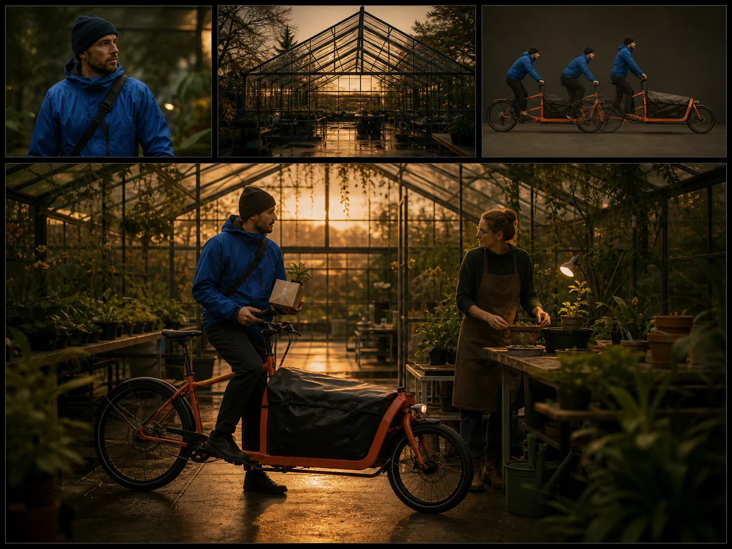 Fictional courier, greenhouse setting, and bicycle movement references combined into one story-scene video frame