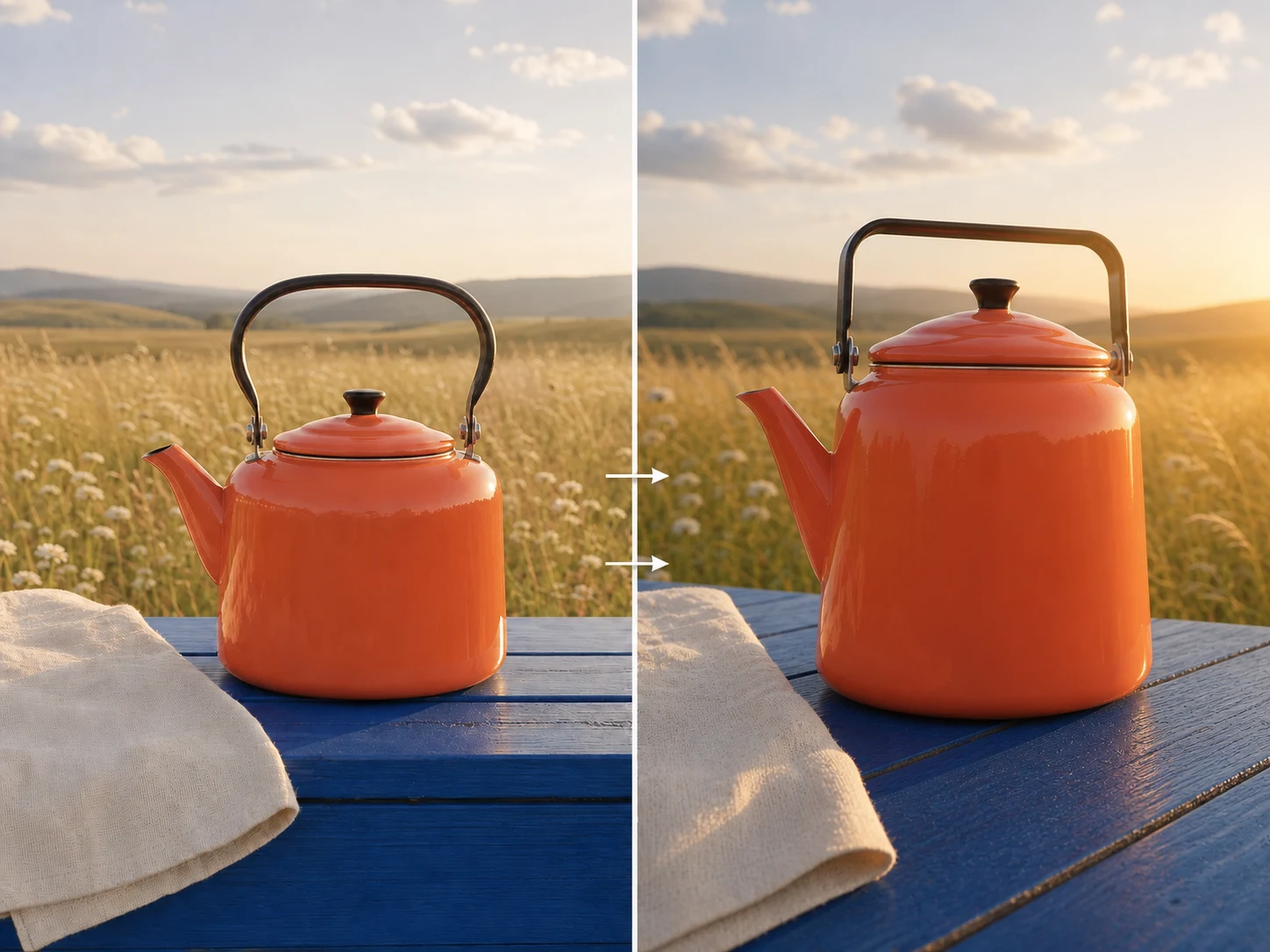 Avoid example where the kettle shape, handle, framing, table perspective, and lighting drift between frames