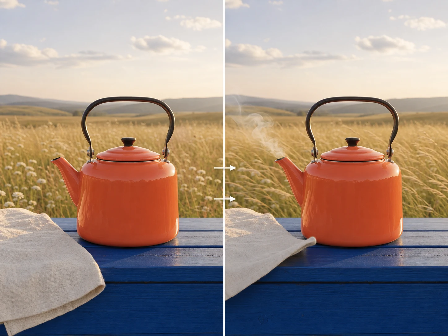 Recommended start and end frames preserving a coral kettle while only grass, cloth, and steam begin to move