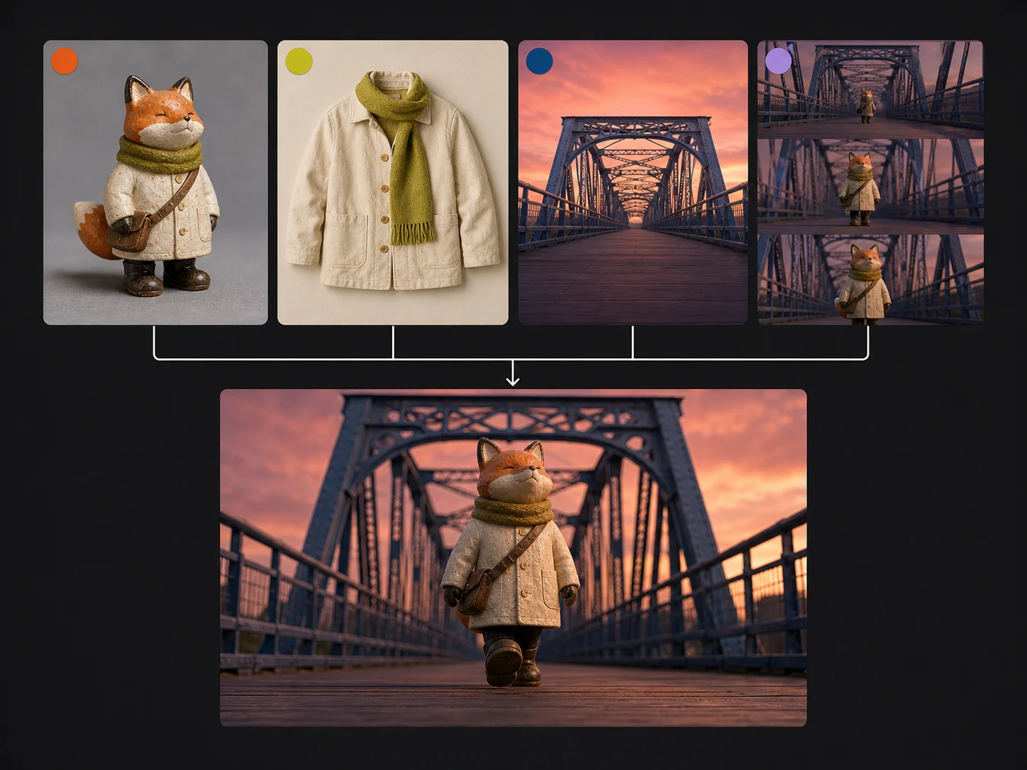Recommended reference board where subject, wardrobe, location, and camera motion each have one clear role