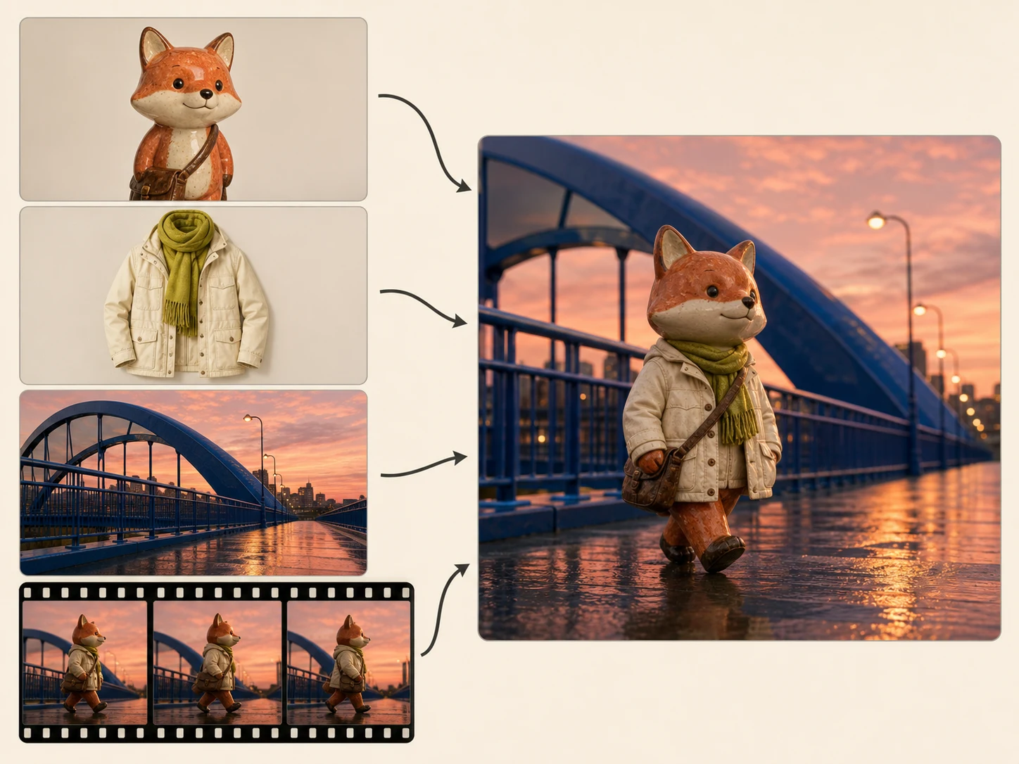 Subject, wardrobe, location, and motion references converging into one coherent Seedance 2 scene