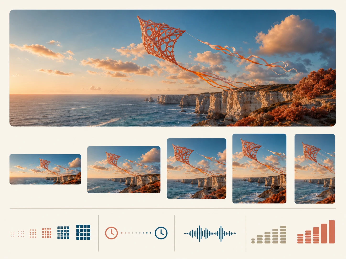 One Seedance 2 clip arranged across landscape, square, portrait, and ultrawide output frames with audio and bitrate controls