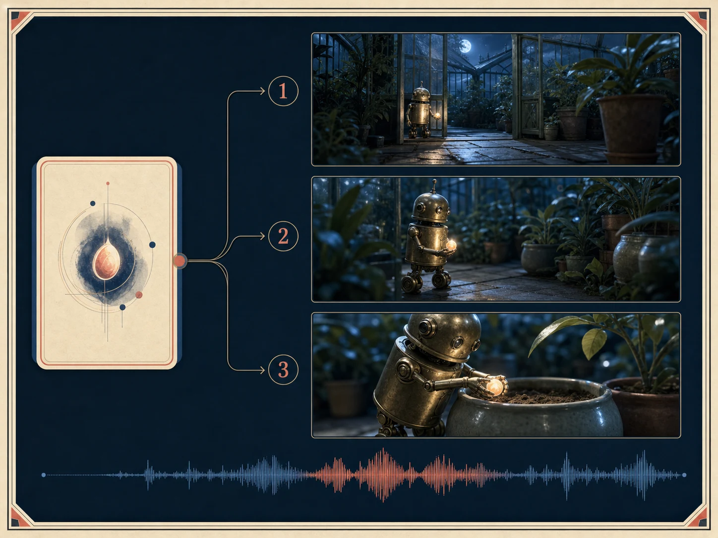 A three-shot night greenhouse sequence planned from one prompt with matching action, camera direction, and generated sound cues
