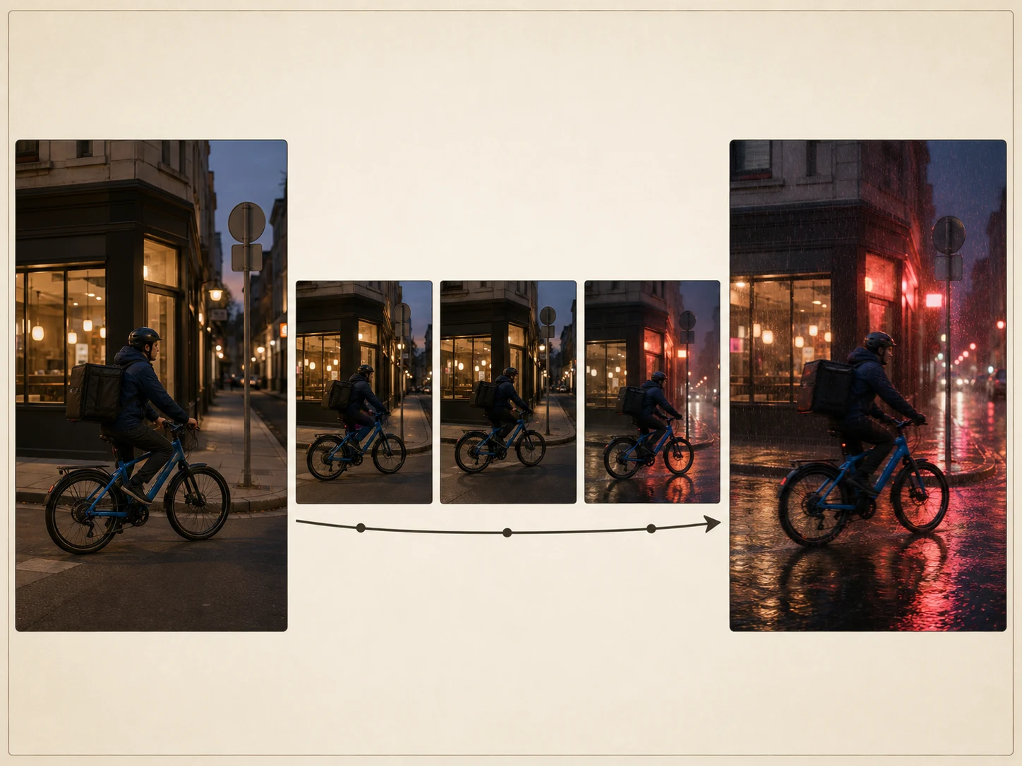 Start and end frames guiding a bicycle courier from a still street corner into a moving rainy-night shot