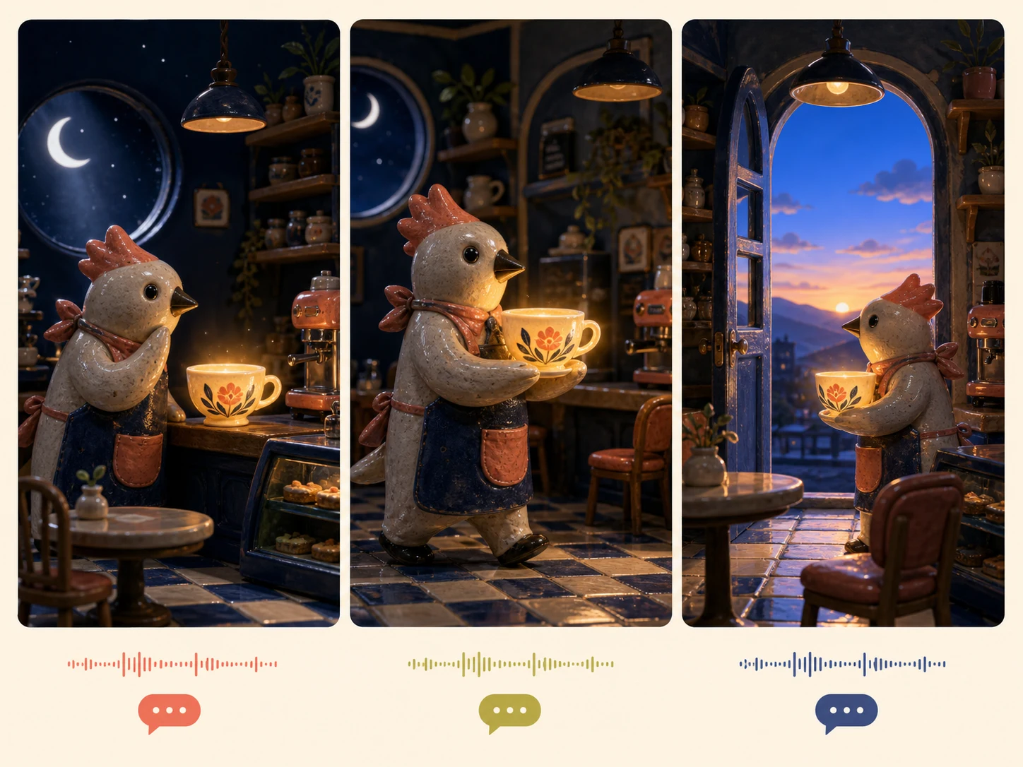 Opening, development, and closing frames of a vertical café story with visualized ambience and dialogue cues