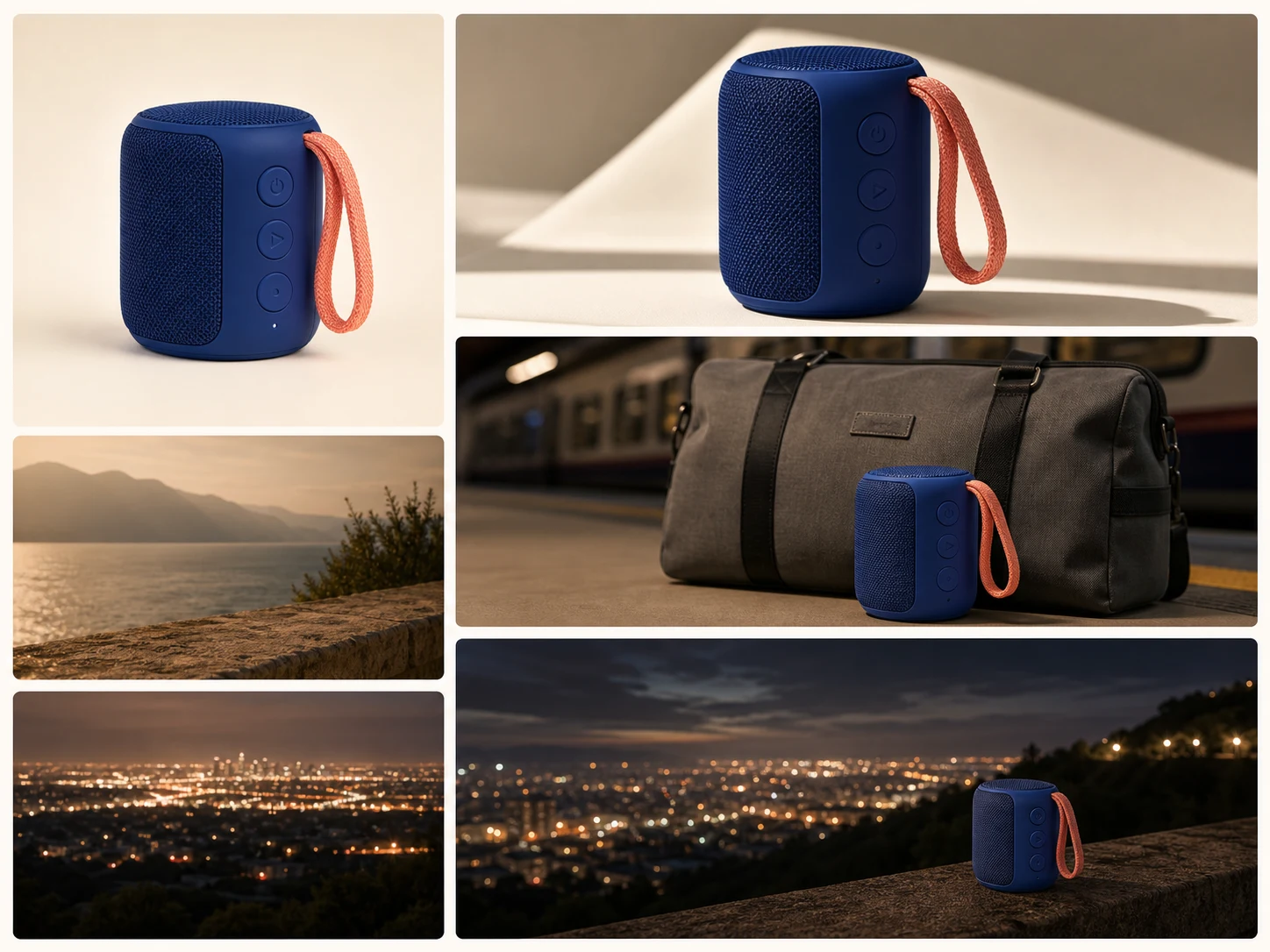 A three-shot product previsualization using the same unbranded travel speaker across a studio, train platform, and night landscape