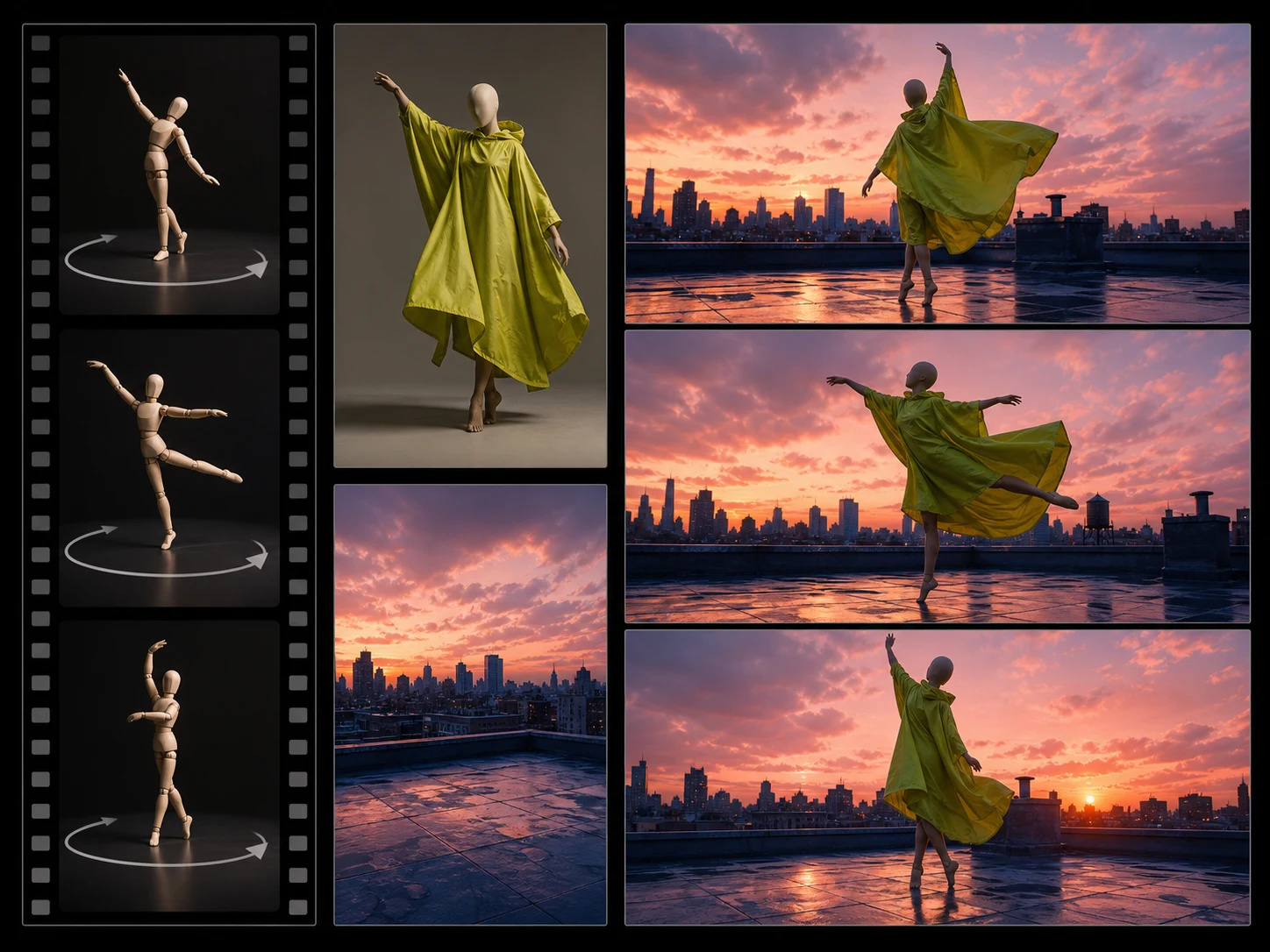 A reference camera arc and dancer pose translated into an original rooftop movement study at sunset
