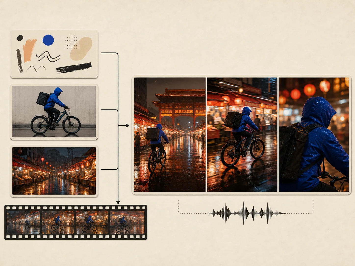 A Seedance 2 workflow combining a prompt, image references, and video references into one short cinematic clip