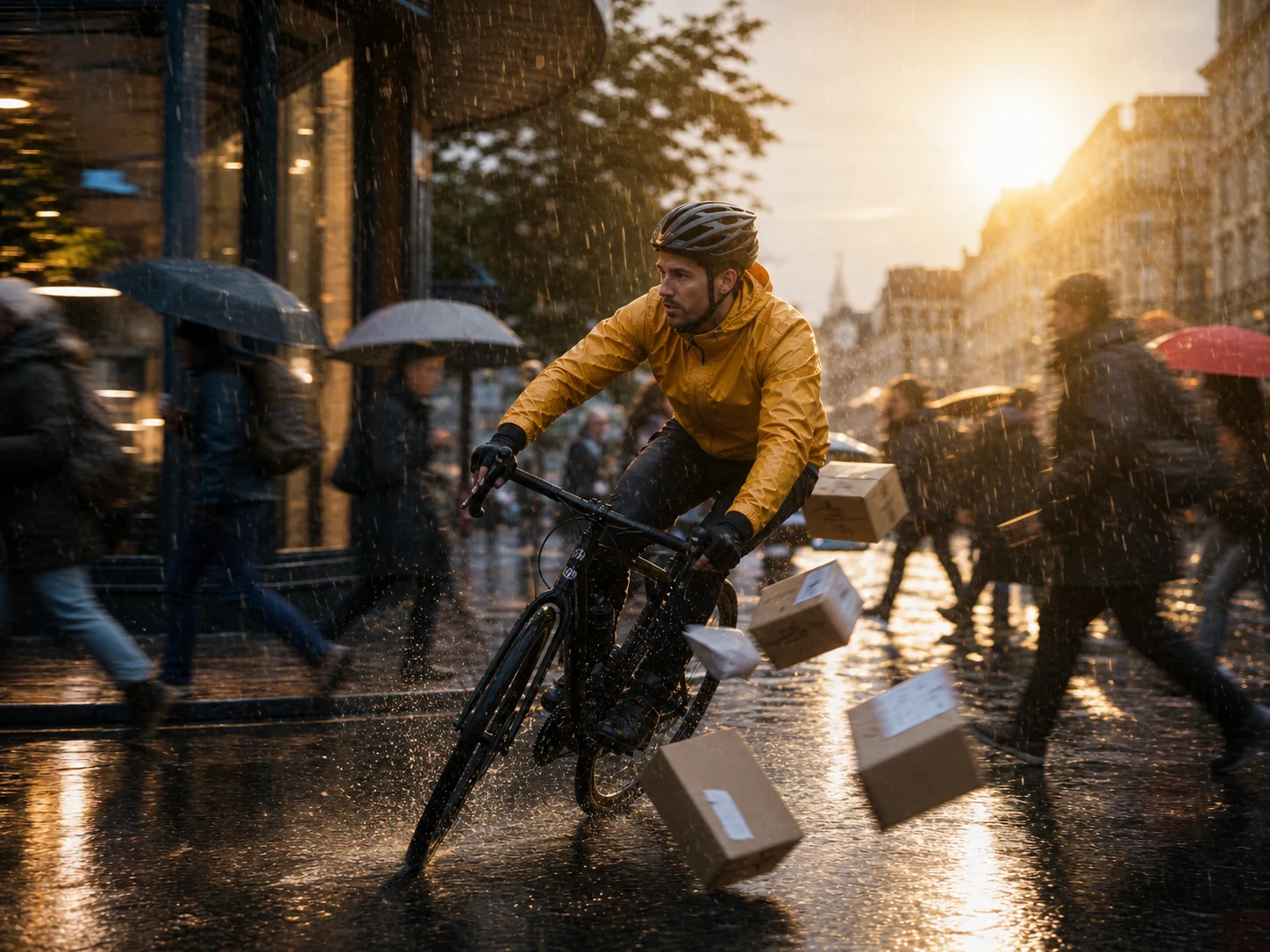 Overloaded cyclist scene with competing actions and camera directions