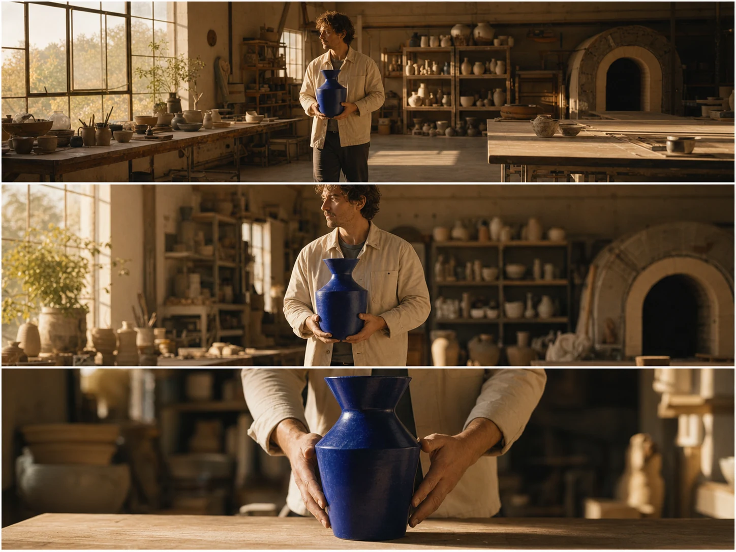Three-frame written-shot storyboard of a ceramic artist carrying a cobalt vase