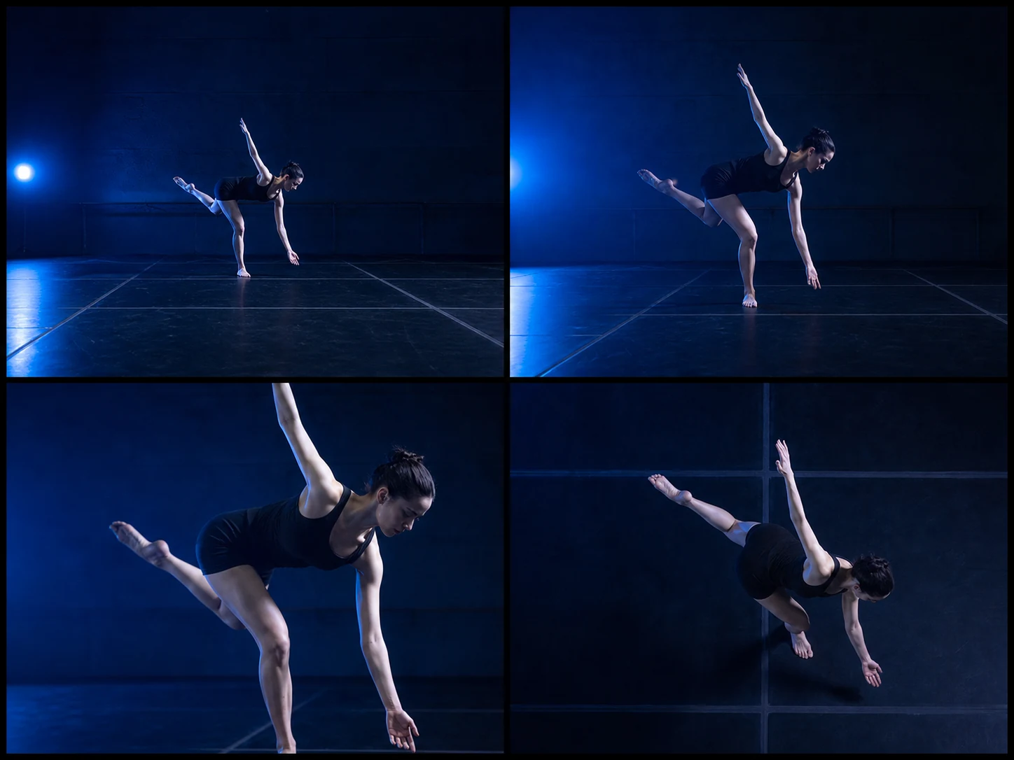 Four controlled camera directions for the same dancer and movement beat
