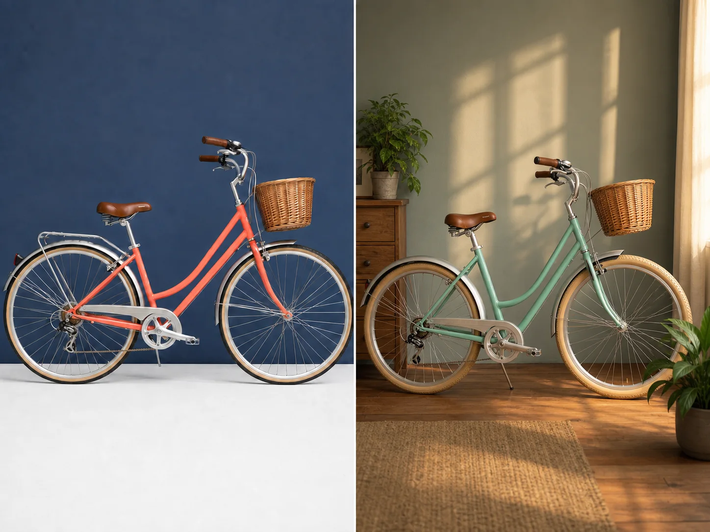Bicycle edit where frame, wheels, basket, camera, background, and lighting all drift
