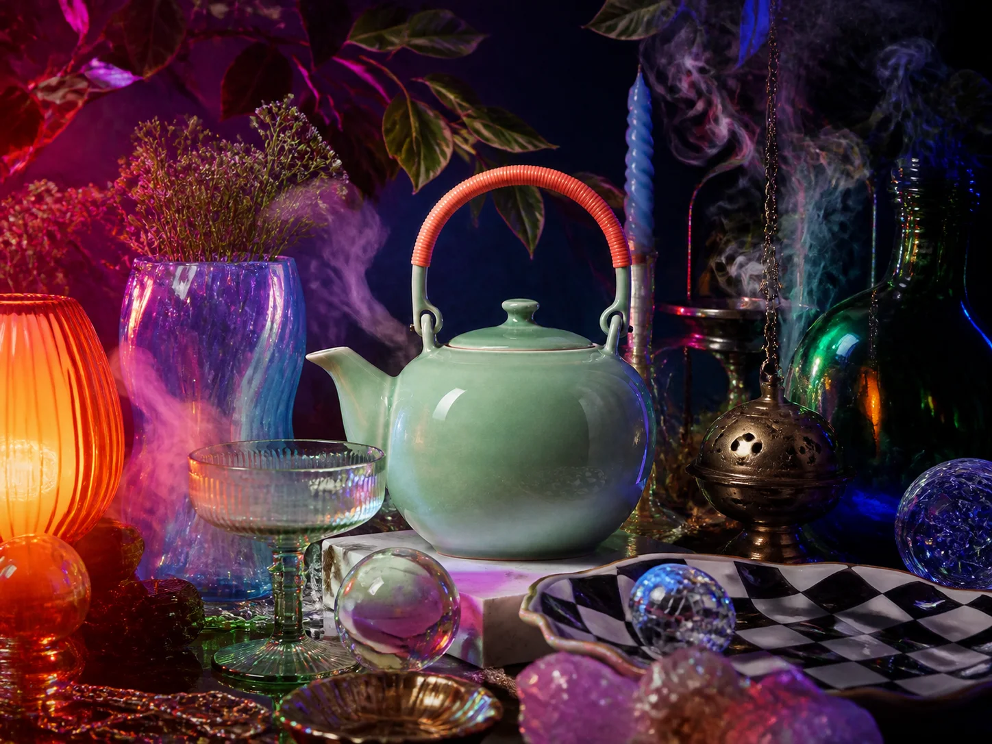 Same kettle obscured by competing props, perspectives, patterns, and light sources