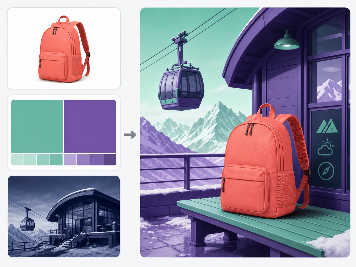 Three references with separate shape, palette, and environment roles resolved into one campaign