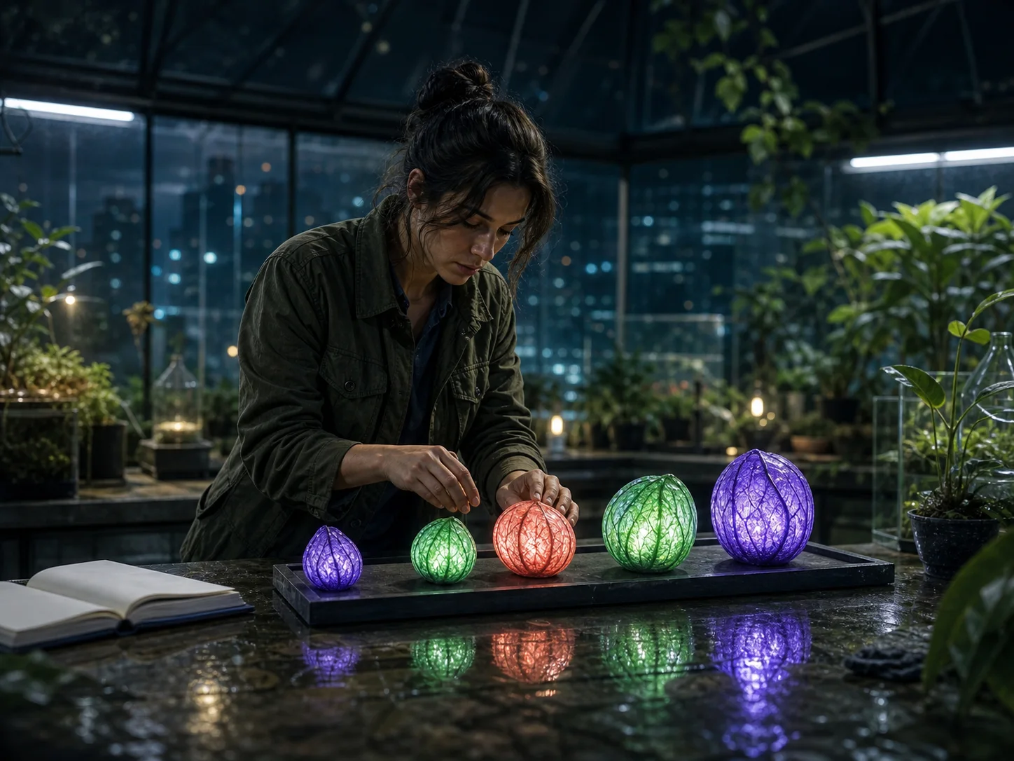 Complex greenhouse scene with five precisely placed specimens, coherent depth, materials, and lighting