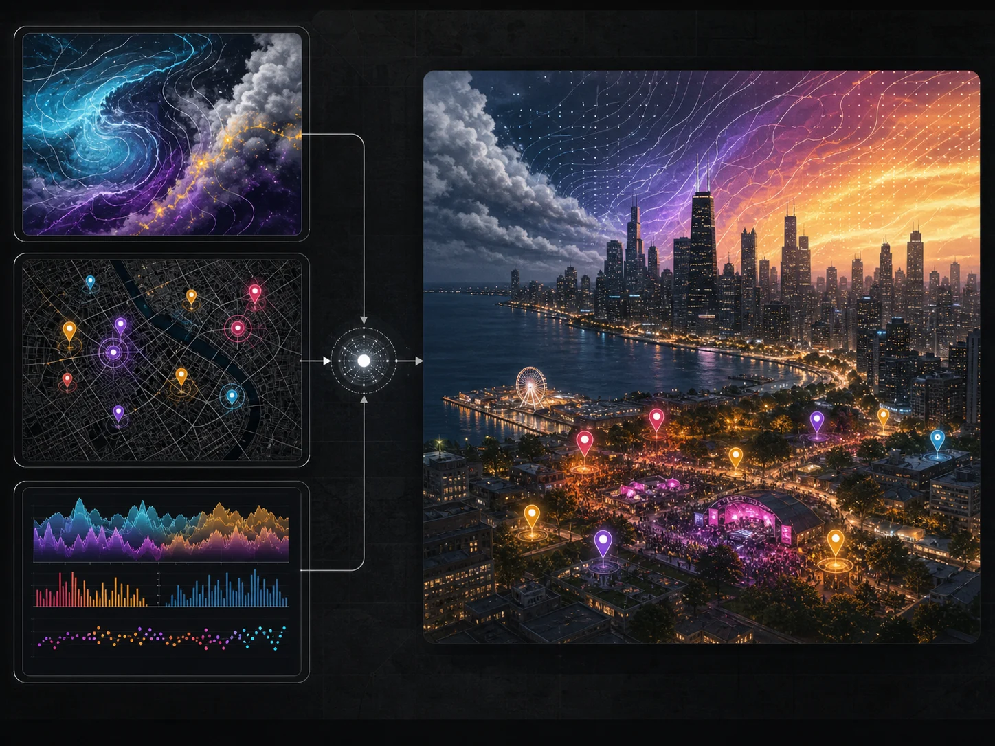 Current weather, map, and activity context forming a city visual