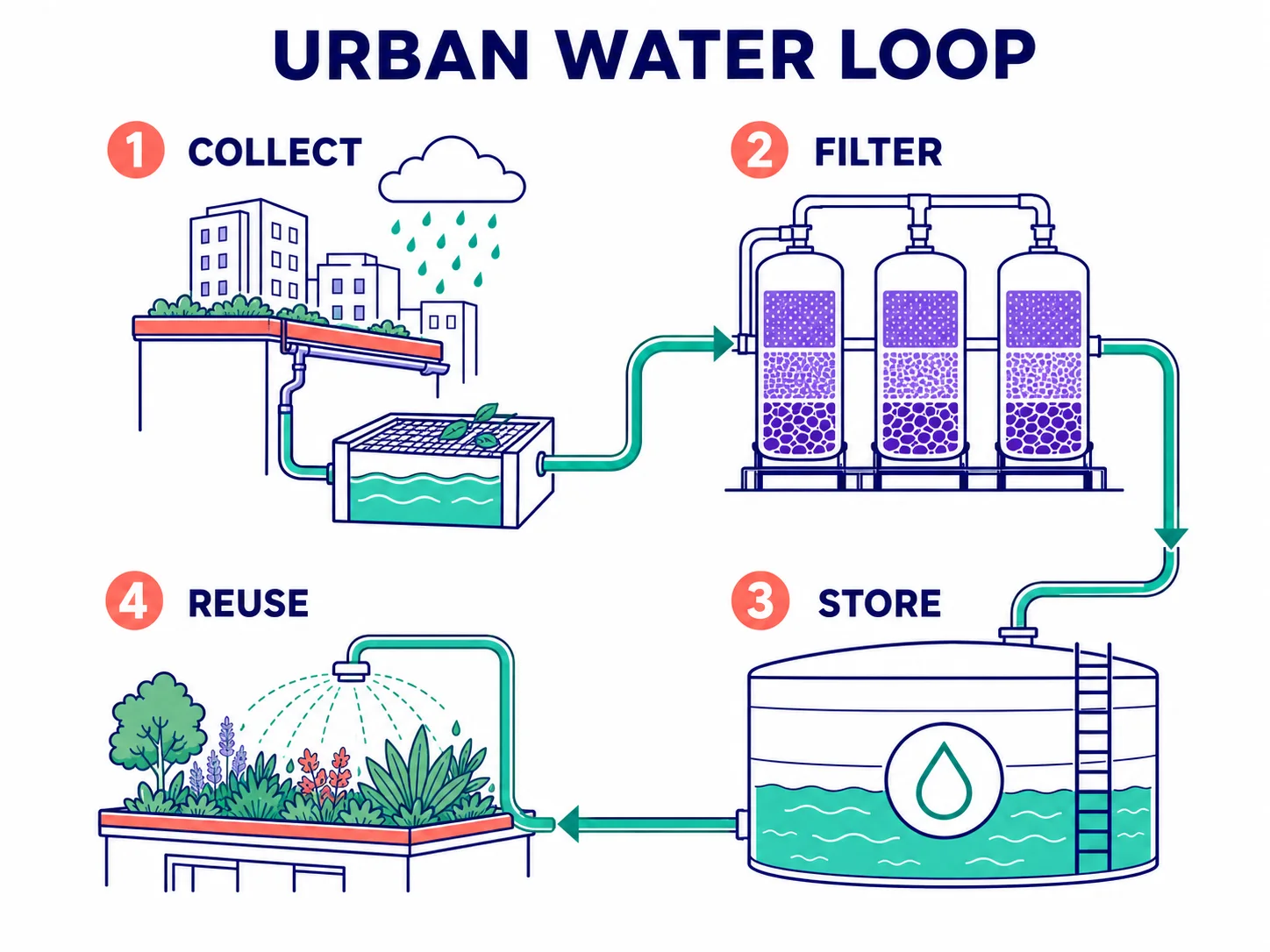 Four-stage Urban Water Loop diagram with clear labels, arrows, and visual hierarchy
