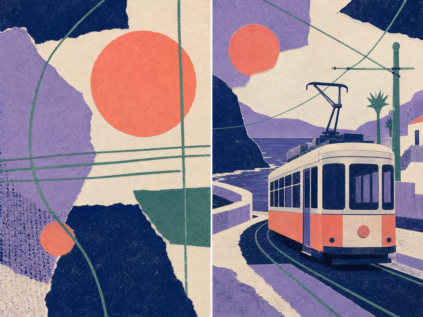 Original paper-collage reference style transferred to a fictional coastal tram scene