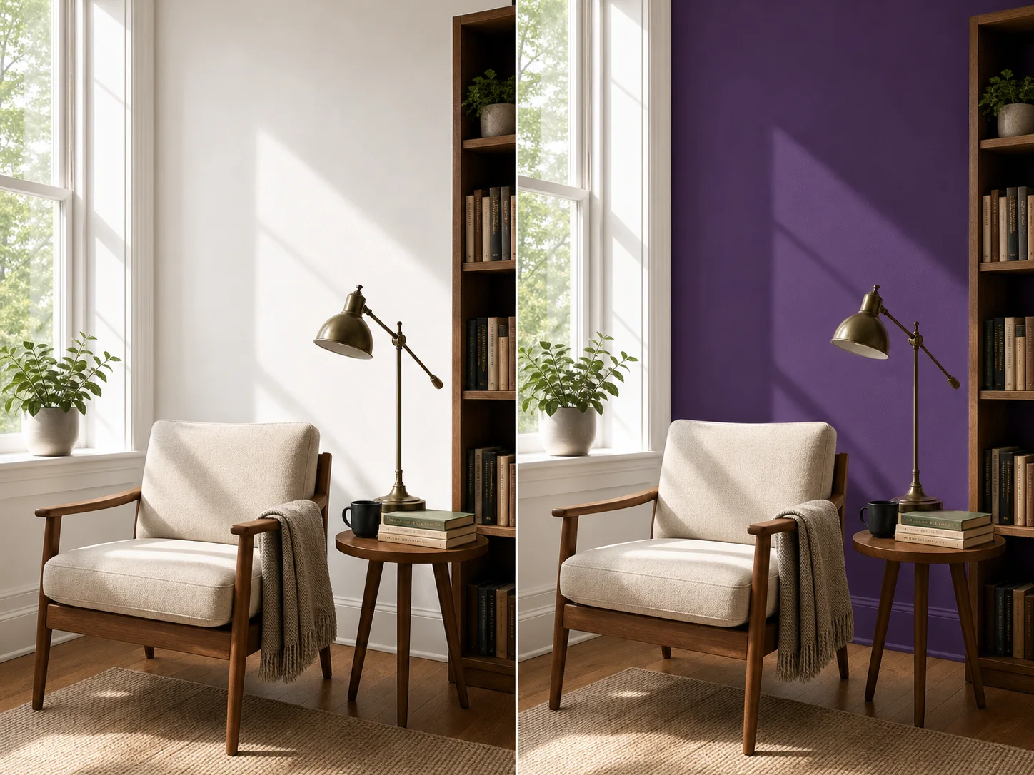 Matched reading nook edit changing only wall color while preserving composition and objects
