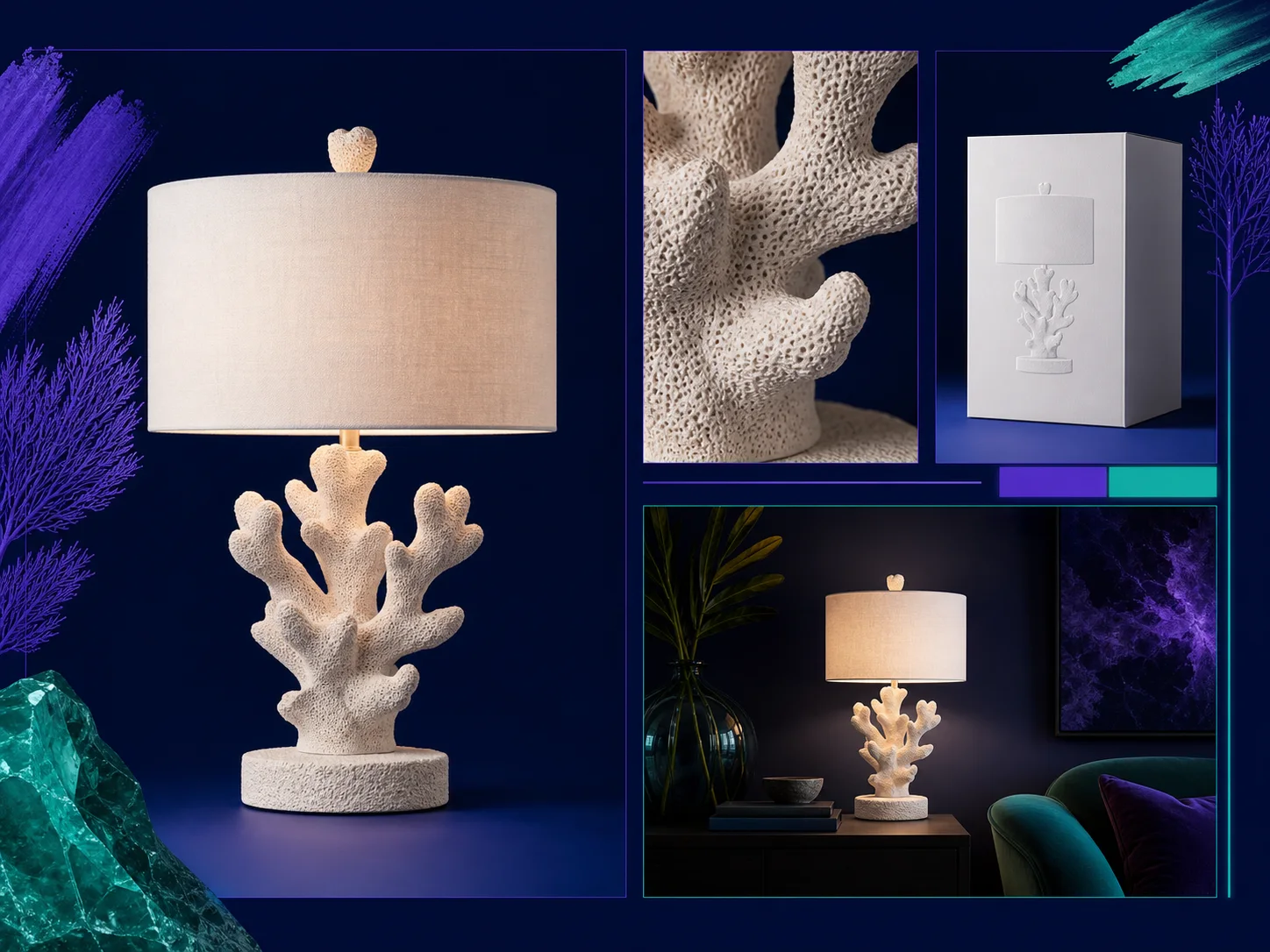 Consistent fictional coral lamp across hero, detail, packaging, and lifestyle campaign panels