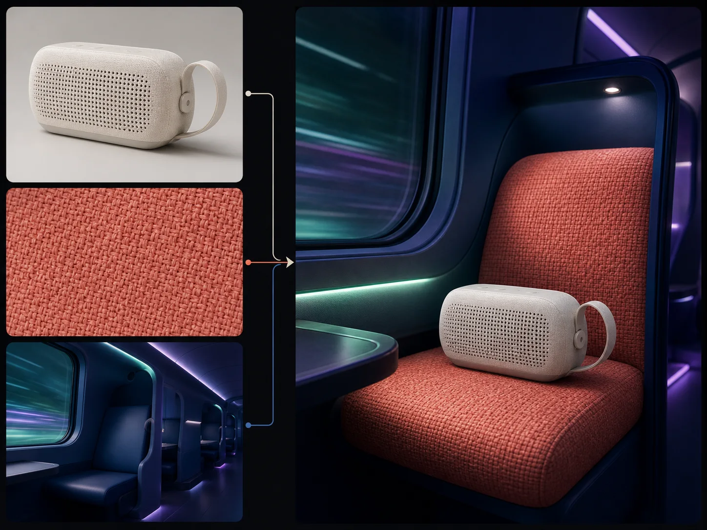 Product, material, and environment references combined into one coherent travel-speaker campaign