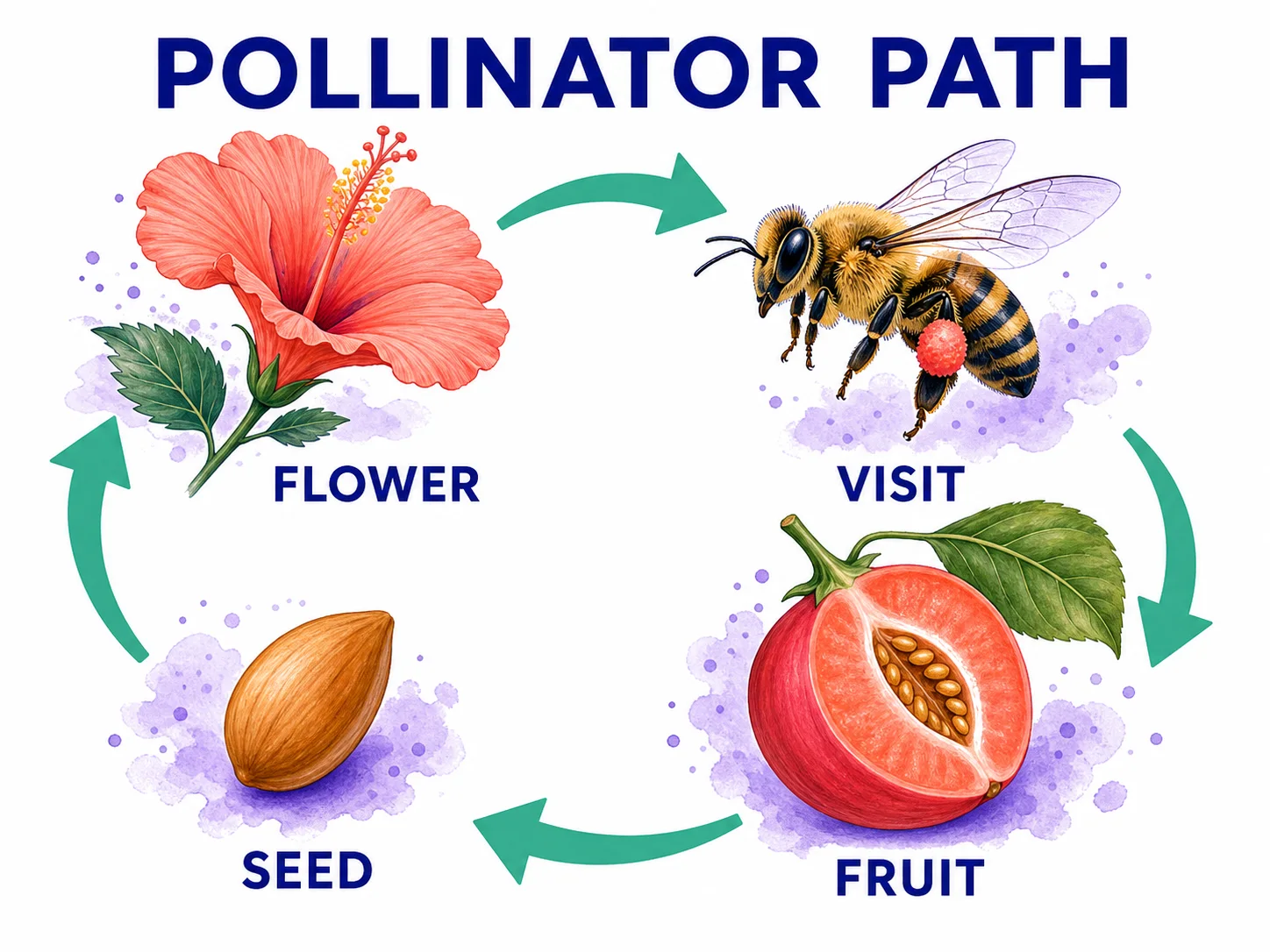 Pollinator Path classroom slide with four ordered stages and readable labels
