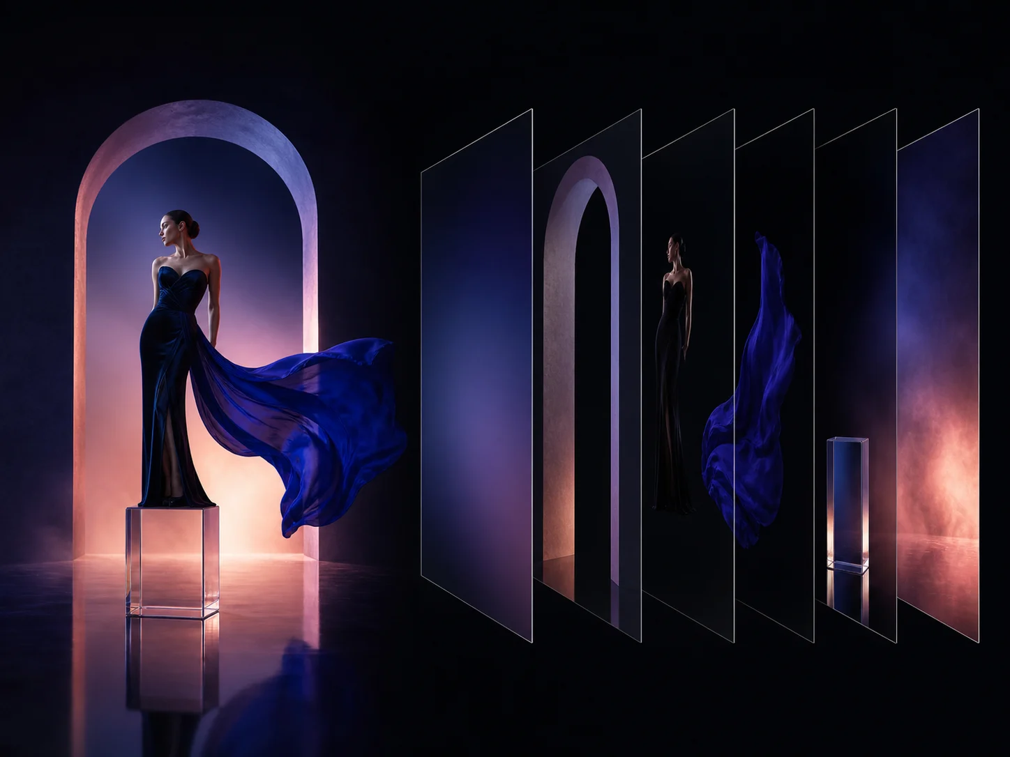 Fashion campaign separated into background, architecture, subject, fabric, pedestal, and light layers