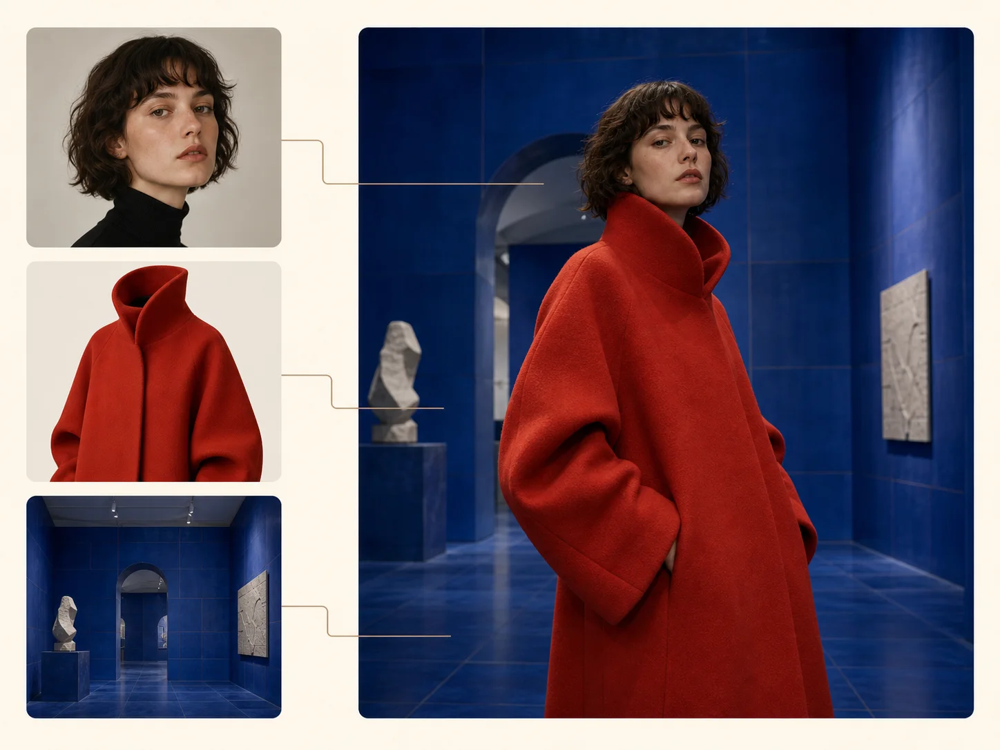 Three reference roles combined into one coherent fashion editorial scene