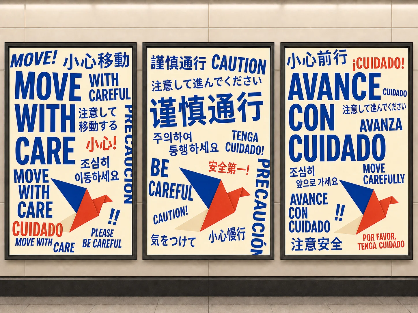 Avoid multilingual poster set with duplicated, warped, and clipped text
