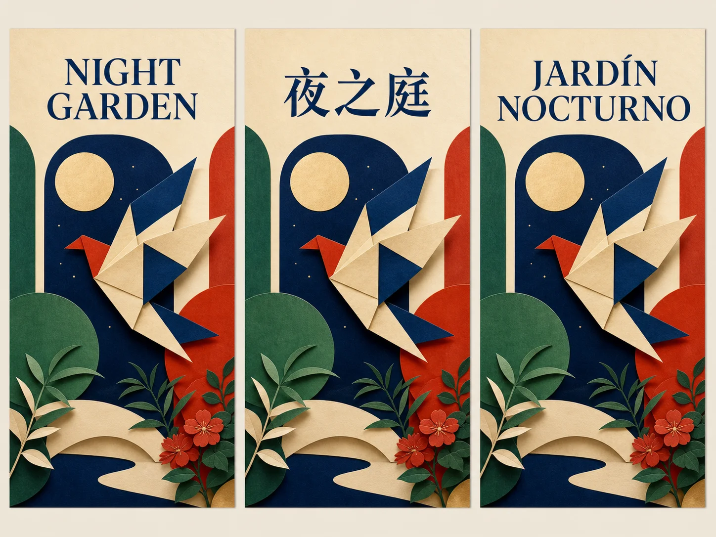 Three coordinated multilingual Night Garden poster drafts with English, Chinese, and Spanish headlines