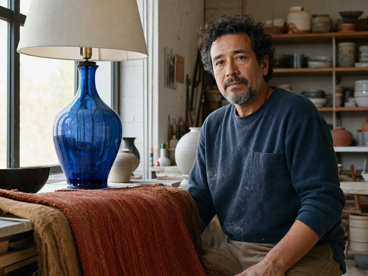 Photographic artist portrait showing natural skin, fabric, glass, metal, and realistic window light