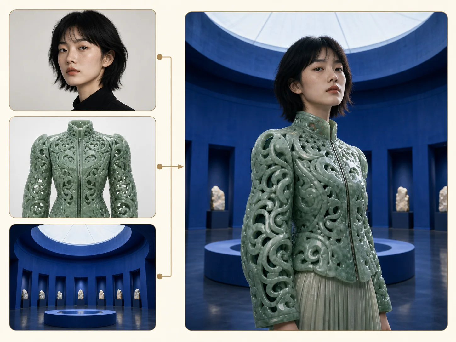 Recommended reference board assigning identity, jacket, and gallery roles to one coherent result