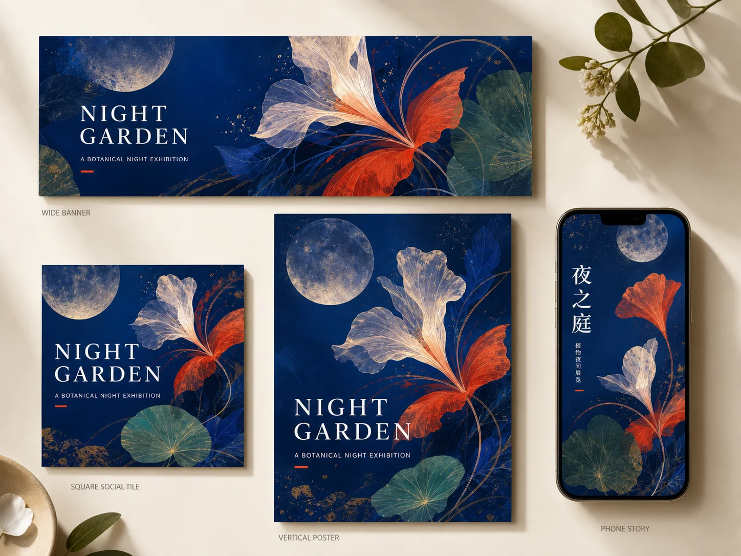 Coordinated multilingual Night Garden campaign across banner, social, poster, and story formats