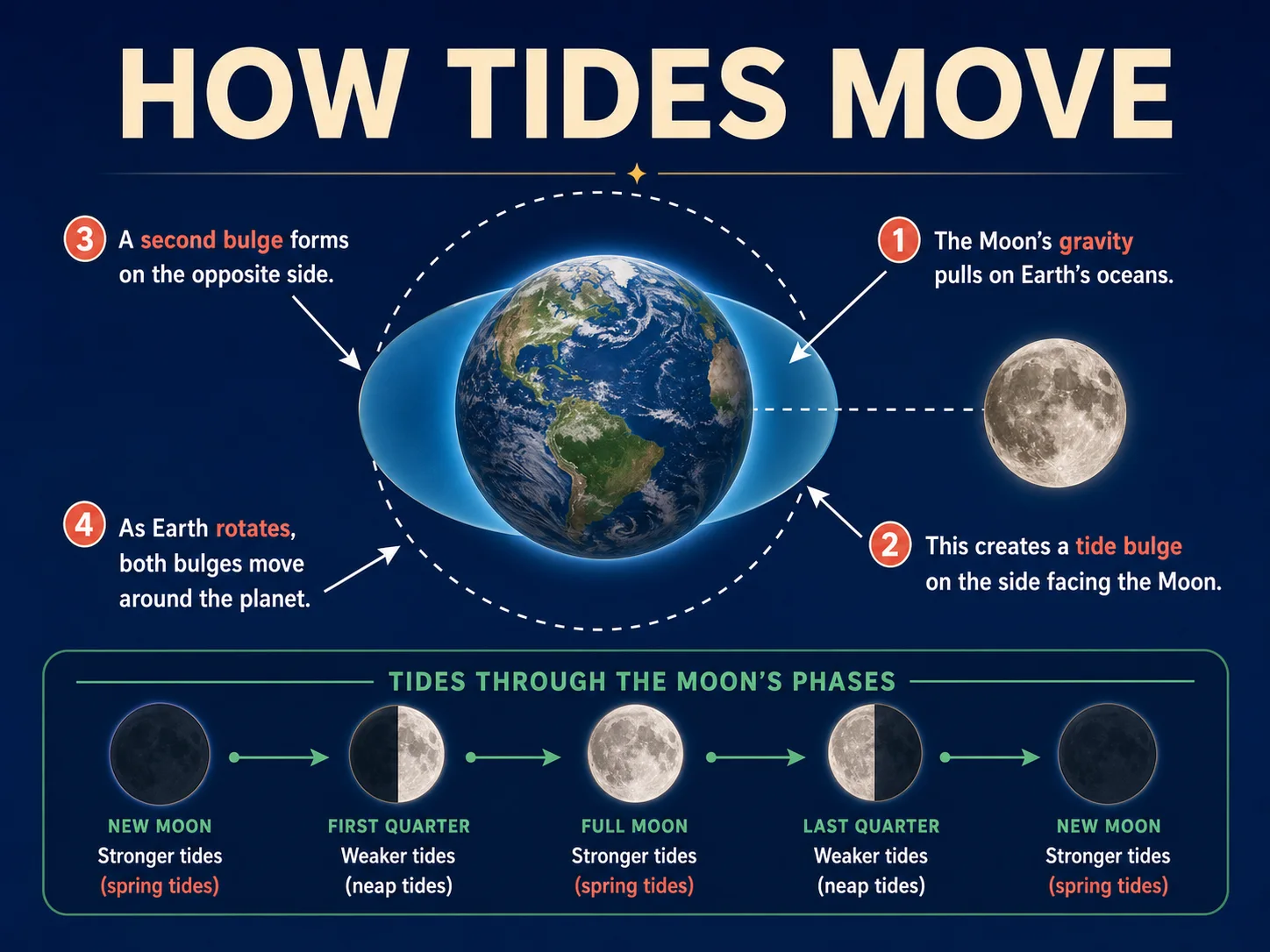 Educational How Tides Move slide with diagram, arrows, and clear information hierarchy
