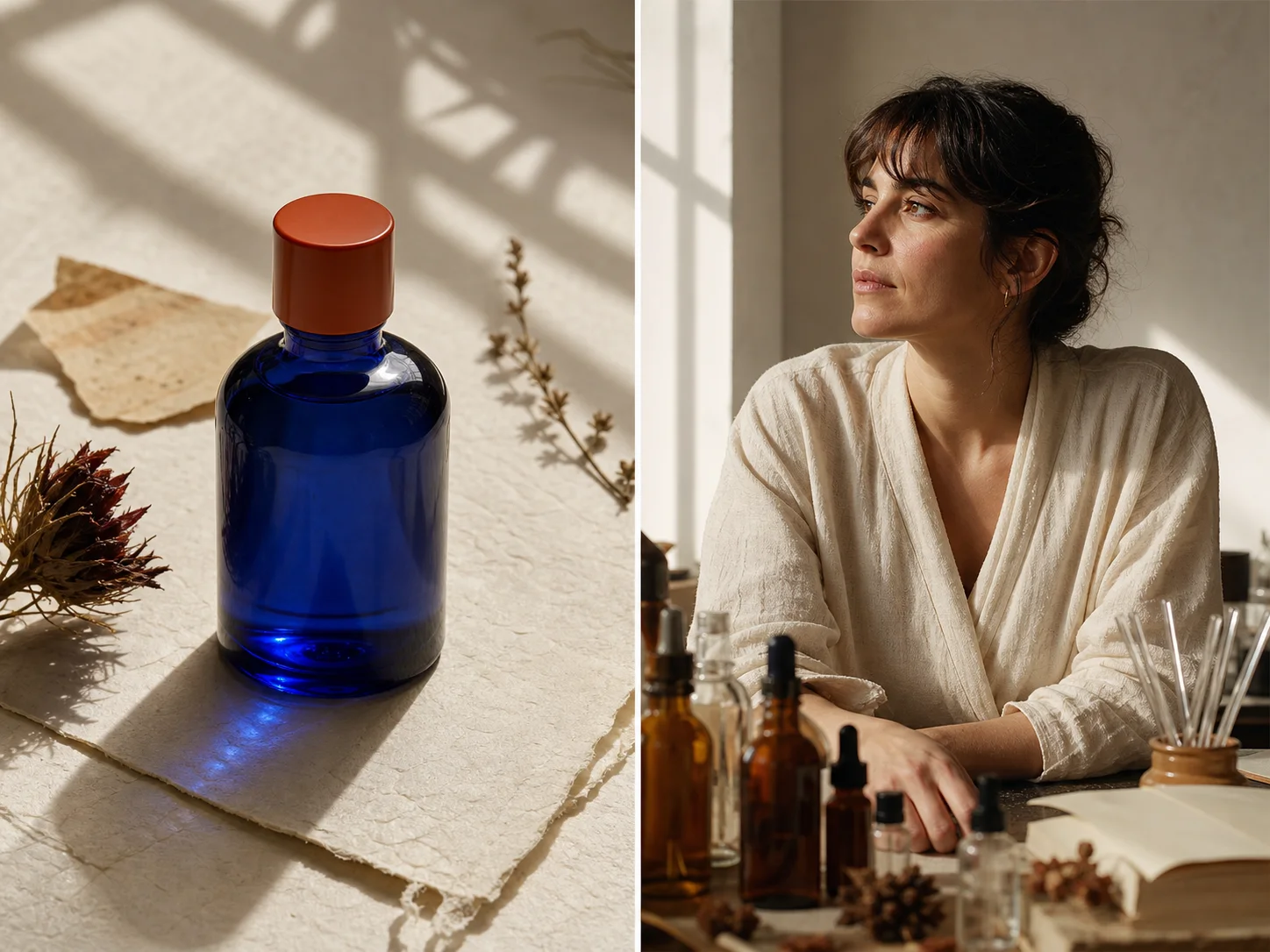 Coordinated fragrance product still and perfumer portrait with consistent materials and lighting